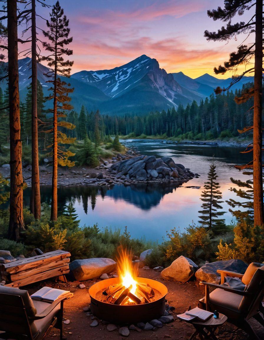 An inviting landscape featuring a scenic mountain backdrop with a winding river, tall pine trees, and a cozy campfire in the foreground, where a travelogue notebook lies open, with a pen beside it, capturing the essence of outdoor adventures. The scene is bathed in the warm glow of sunset, with birds soaring in the sky, evoking a sense of exploration and freedom. super-realistic. vibrant colors. 3D.