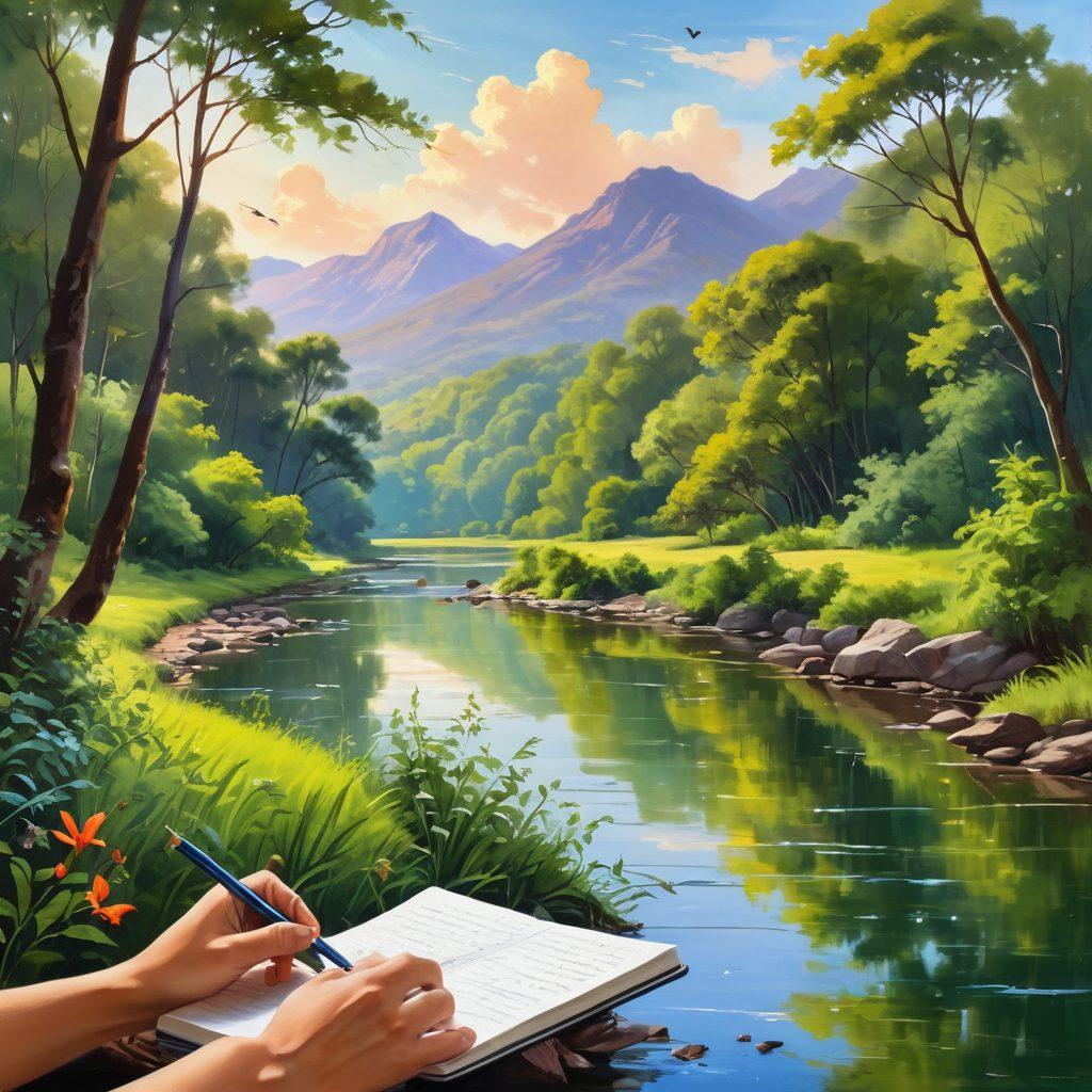 A serene landscape featuring lush greenery, winding trails, and a tranquil river reflecting the sky, with a traveler sketching in a notebook. Incorporate elements of wildlife like birds and butterflies fluttering around. The atmosphere should evoke a sense of harmony between adventure and nature, using bright and inviting colors to emphasize the beauty of eco-tourism. painting. vibrant colors.
