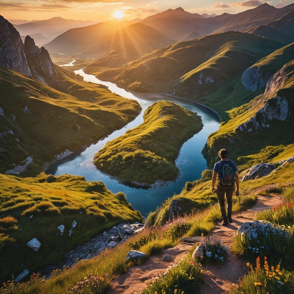 A breathtaking landscape featuring a hiker on a rugged trekking trail overlooking lush countryside hills bathed in warm sunlight. Include distant mountains, a winding river, and a vibrant sunset reflecting on the water. Add wildflowers in the foreground to enhance the sense of adventure and exploration. Capture a feeling of freedom and natural beauty. super-realistic. vibrant colors.